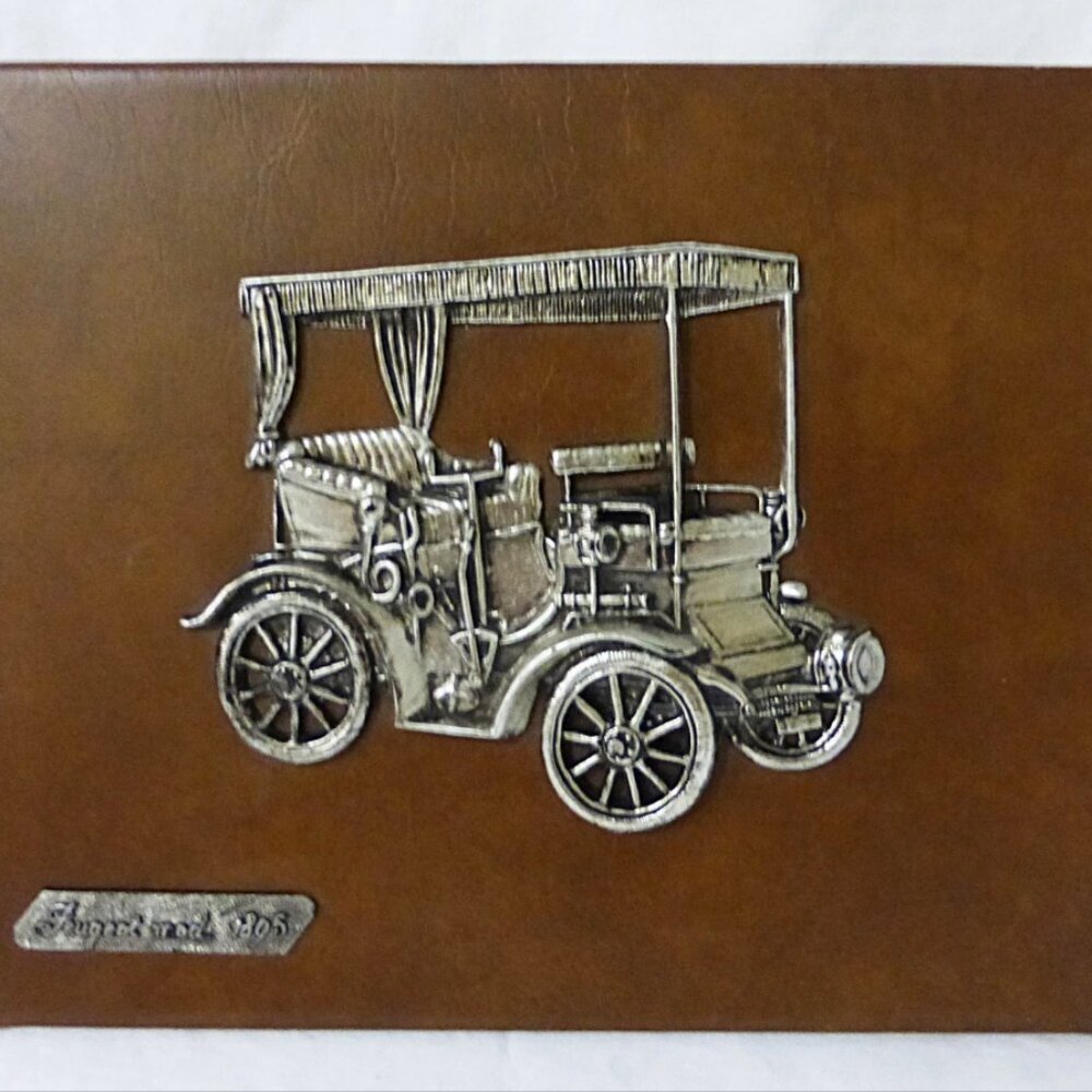 Vintage Peugeot Mod 1895 mounted pewter on leather, wall décor plaque